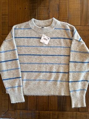 American Eagle Outfitters Gray Crewneck Sweater with Blue Stripes